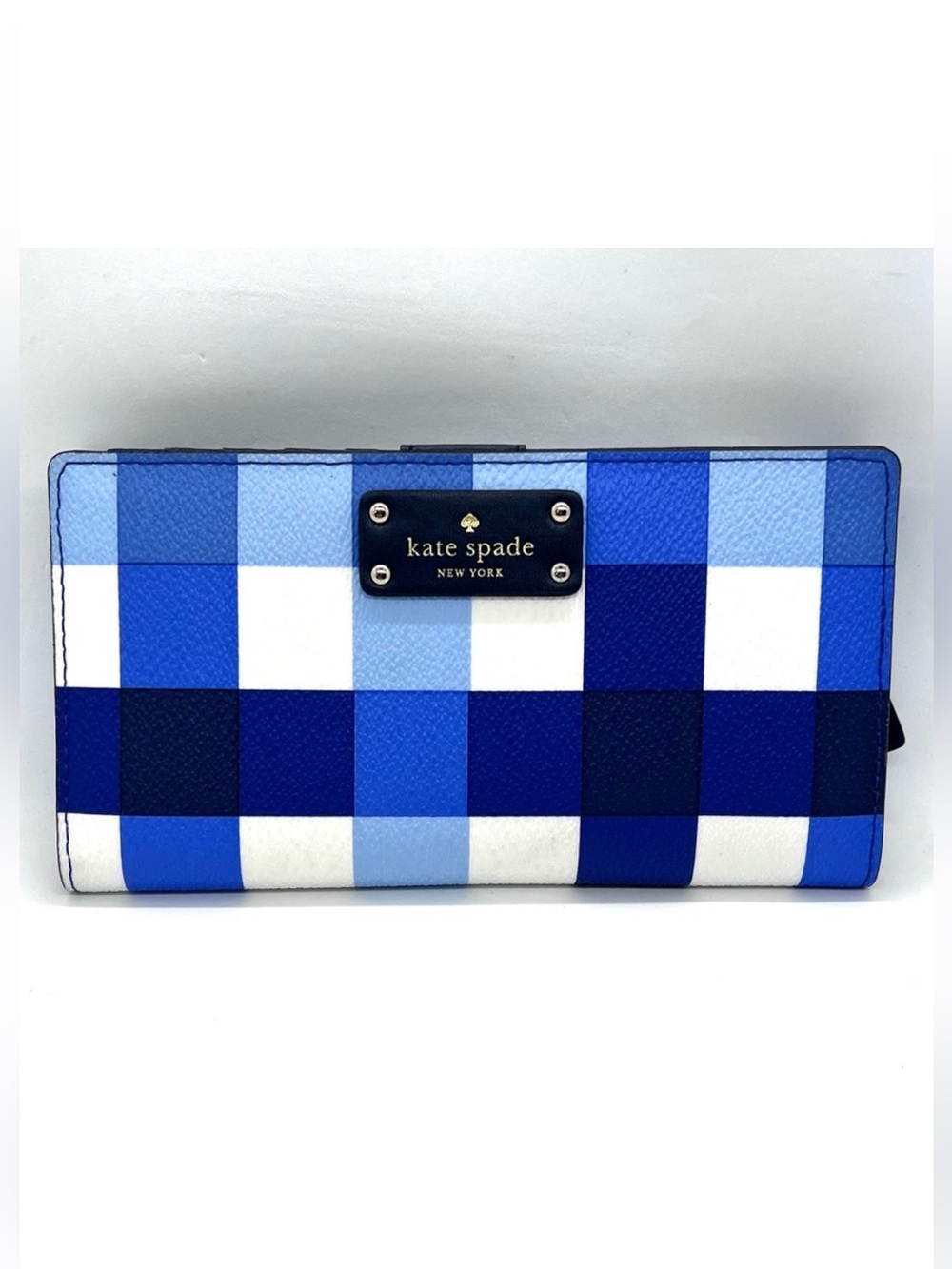 Kate Spade Cameron Blue Gingham Wallet, Snap Button Closure, Leather